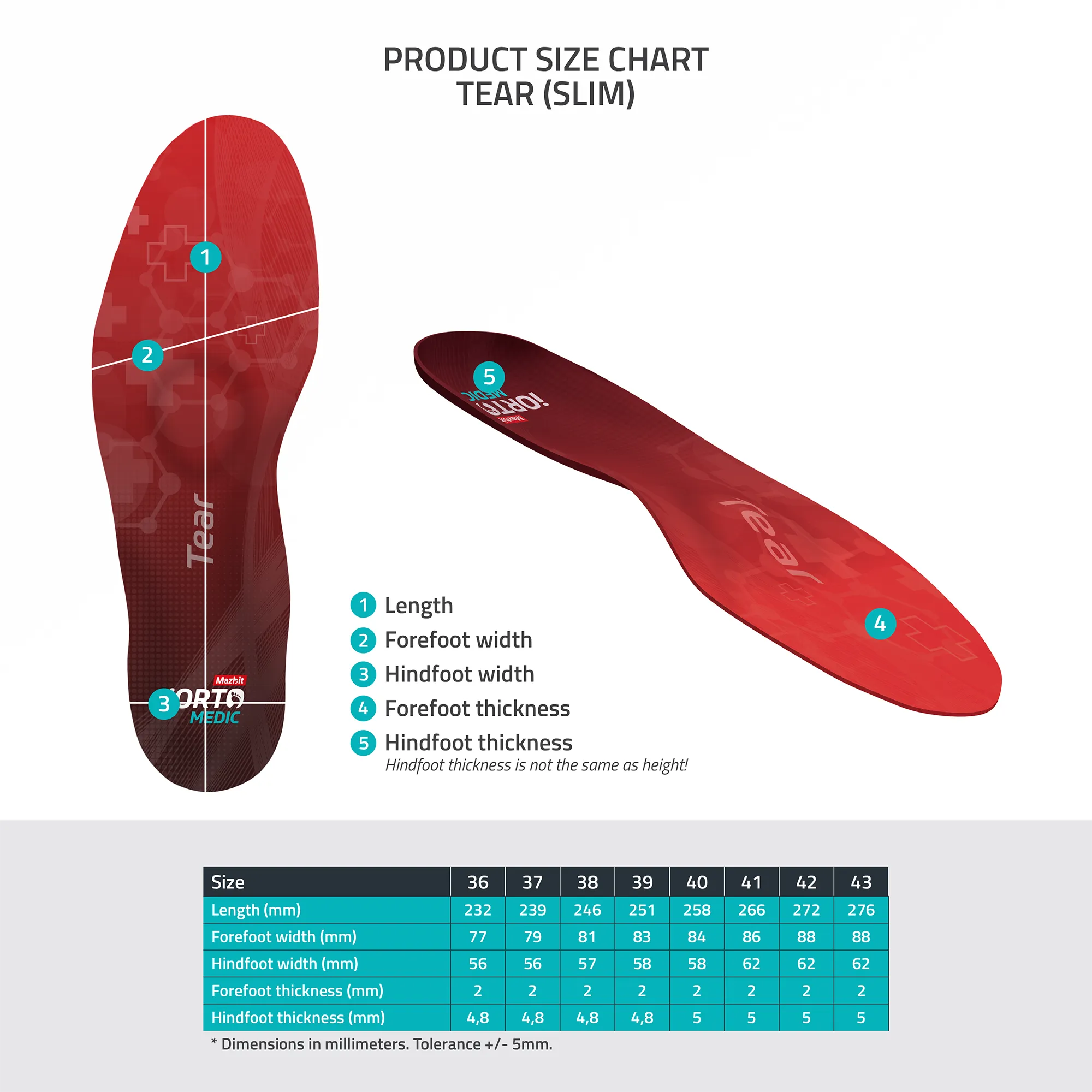 MAZBIT TEAR SLIM orthopedic insoles for transverse flat feet